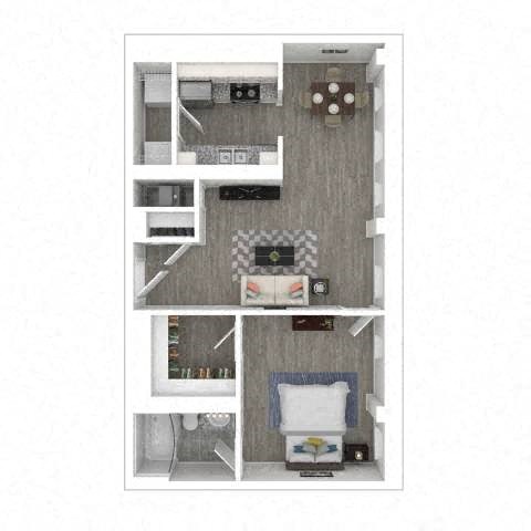 Floor plan for 1 bed, 1 bath, 641 sqft